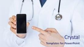  Presentation with smartphone - PPT theme consisting of programming diagonastics - close up of male doctor background and a sky blue colored foreground