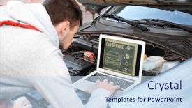  Presentation with mechanic - Audience pleasing slide set consisting of programming diagonastics - young male mechanic using computer backdrop and a sky blue colored foreground