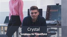  Presentation with computer software - Slide deck featuring programming-man-working-on-computer background and a tawny brown colored foreground