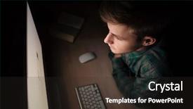 Presentation with computer room - Theme enhanced with top view of serious young man sitting and working with computer in the dark room background and a dark gray colored foreground