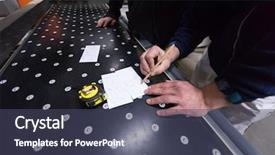  Presentation with cnc machine - Slide set featuring programs - two young carpenters calculating background and a ocean colored foreground