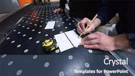  Presentation with cnc machine - Colorful presentation design enhanced with programs - two young carpenters calculating backdrop and a ocean colored foreground