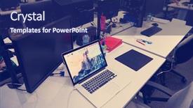  Presentation with computer software - Colorful presentation theme enhanced with programs colleges - dual monitor screen and laptop backdrop and a navy blue colored foreground