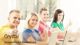  Presentation with teacher and students - Cool new presentation design with programs colleges - group of teenage students backdrop and a coral colored foreground