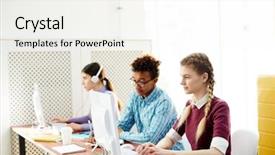  Presentation with programming - Presentation theme featuring programs colleges - row of young students background and a sky blue colored foreground