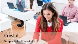  Presentation with self esteem for a college student - Colorful PPT theme enhanced with programs colleges - student woman working on laptop backdrop and a coral colored foreground