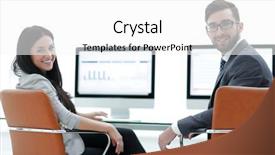  Presentation with employees - Colorful PPT theme enhanced with progress monitoring - successful employees sitting at table backdrop and a white colored foreground