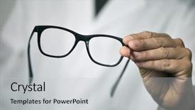  Presentation with elegant man in glasses optics - Slide set consisting of progressive glasses - closeup of a young optician background and a light gray colored foreground