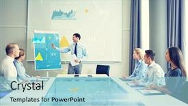  Presentation with business group meeting - Cool new theme with project - business people and teamwork concept backdrop and a light blue colored foreground