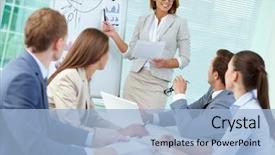  Presentation with project - PPT layouts enhanced with project - confident businesswoman explaining something background and a light blue colored foreground