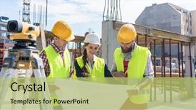  Presentation with construction - Slide set enhanced with project - experienced female architect smiling while background and a yellow colored foreground