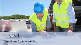  Presentation with industrial - Cool new presentation with project - industrial people working on building backdrop and a light blue colored foreground