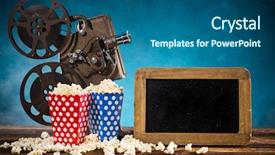  Presentation with projector - PPT theme featuring old style movie projector still background and a ocean colored foreground