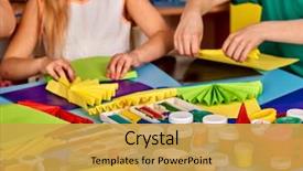  Presentation with team kids - Slide set enhanced with project - school children with scissors background and a yellow colored foreground