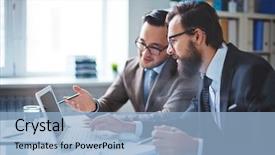  Presentation with data meeting - Audience pleasing theme consisting of project - two employees discussing electronic data backdrop and a light blue colored foreground