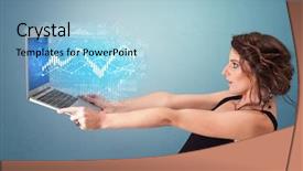  Presentation with financial - Slides consisting of project - woman holding laptop projecting financial background and a light blue colored foreground