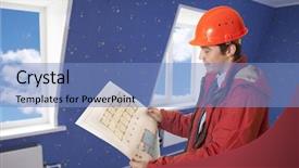  Presentation with project - Presentation theme consisting of project architect checking blueprints of a new building background and a light blue colored foreground