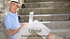  Presentation with computer hardware bus - Cool new theme with project bus - mature man doing computer outside backdrop and a  colored foreground