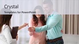  Presentation with estate - PPT theme enhanced with project buy - estate agent giving keys background and a sky blue colored foreground