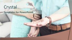  Presentation with real estate - PPT theme having project buy - real estate agent giving keys background and a cool aqua colored foreground