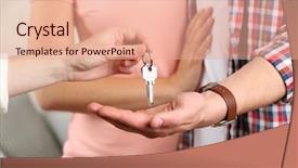  Presentation with real estate tax - PPT theme with project buy - real estate agent giving keys background and a coral colored foreground