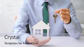  Presentation with house key - PPT theme featuring project buy - real estate agent with key background and a light blue colored foreground