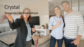  Presentation with real estate - Audience pleasing slides consisting of project buyer - couple with real-estate agent visiting backdrop and a  colored foreground