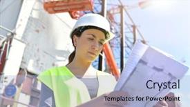  Presentation with industrial engineering silhouette construction - Slide set featuring project controll management - construction manager woman controlling industrial background and a light blue colored foreground