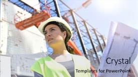  Presentation with construction management - Presentation theme featuring project controll management - construction manager woman controlling industrial background and a light blue colored foreground