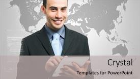  Presentation with computer cartography - PPT theme featuring project financing - young businessman using his tablet background and a light gray colored foreground