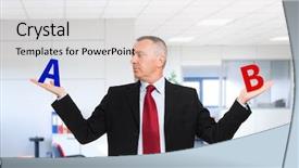  Presentation with decision - Cool new theme with difficult customer - confused businessman trying to make backdrop and a white colored foreground