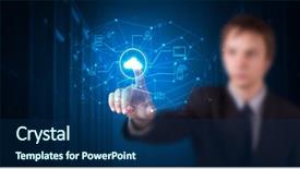  Presentation with hologram - PPT theme having project control - man touching hologram projection displaying background and a navy blue colored foreground