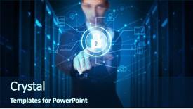  Presentation with hologram - Cool new slide deck with project control - man touching hologram projection displaying backdrop and a navy blue colored foreground