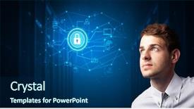  Presentation with displaying - PPT theme featuring project controll management - man touching hologram projection displaying background and a ocean colored foreground