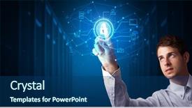  Presentation with hologram - Colorful slide set enhanced with project control - man touching hologram projection displaying backdrop and a ocean colored foreground