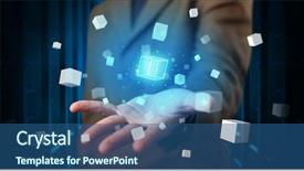  Presentation with server room - Cool new PPT theme with holograms - person holding hologram projection displaying backdrop and a ocean colored foreground