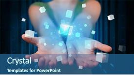  Presentation with project management - Colorful slide deck enhanced with project controll management - person holding hologram projection displaying backdrop and a ocean colored foreground