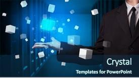  Presentation with displaying - PPT theme enhanced with project controll management - person holding hologram projection displaying background and a ocean colored foreground