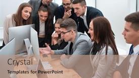  Presentation with project manager - Presentation theme with project-manager-and-business-team background and a coral colored foreground