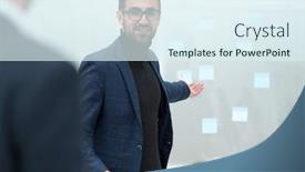  Presentation with project manager meeting - Amazing PPT theme having project-manager-asks-questions-during backdrop and a sky blue colored foreground