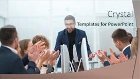  Presentation with project manager meeting - Beautiful presentation theme featuring project-manager-asks-questions-during backdrop and a sky blue colored foreground