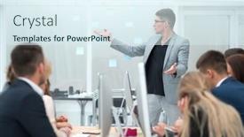  Presentation with project manager meeting - Cool new presentation theme with project-manager-makes-a-report backdrop and a sky blue colored foreground