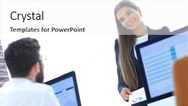  Presentation with work - Slides featuring project monitor - business colleagues discussing work issues background and a white colored foreground