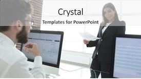  Presentation with financial - Slide set featuring project monitor - business colleagues working with financial background and a white colored foreground