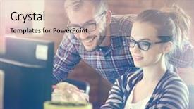  Presentation with business casual - Colorful slide deck enhanced with project monitor - young casual business couple using backdrop and a soft green colored foreground