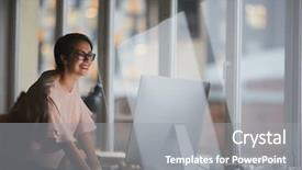  Presentation with my panorama on computer screen - Colorful theme enhanced with project monitor - young cheerful businesswoman leaning backdrop and a gray colored foreground