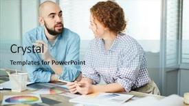  Presentation with meeting table - Presentation enhanced with project offer - content confident handsome creative designer background and a light blue colored foreground