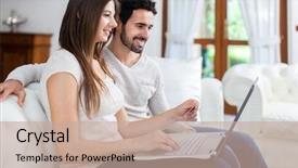  Presentation with laptop - Presentation theme featuring project offer - happy couple using a laptop background and a  colored foreground