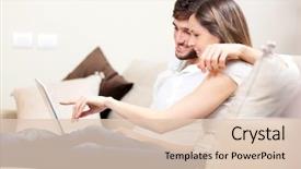  Presentation with young man holdng laptop on lap money - Slide set with project offer - happy couple using a laptop background and a lemonade colored foreground