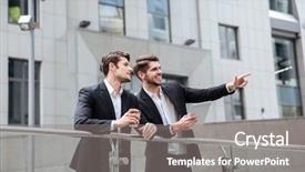  Presentation with german shepherd two young puppys - Colorful PPT theme enhanced with project offer - two smiling young businessmen talking backdrop and a  colored foreground